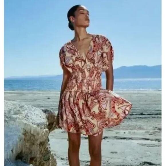 NWT A.L.C. Luna Mini Dress Smocked Ruched Ruffle ALC V-Neck Paisley Print sz S 4 - Picture 6 of 15